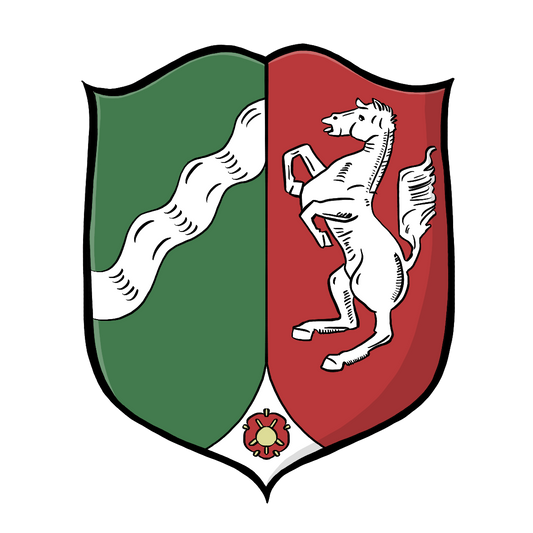 Das Wappen von Nordrhein-Westfalen: Ein zweigeteiltes Wappen mit einer grünen und einer roten Seite. Auf der grünen Seite ist ein weißer Fluss, auf der Roten Seite ein weißes Pferd. Die Spitze des Wappens ist weiß mit einem roten Ornament. 