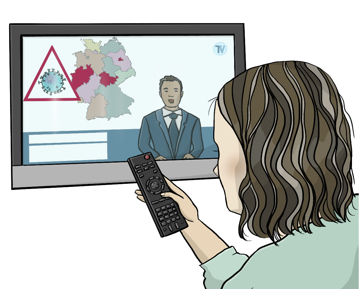 Eine Frau sitzt vor einem Fernseher mit einer Fernbedienung in der Hand. Auf dem Bildschirm ist ein Mann im Anzug vor einer Deutschlandkarte und einem Coronavirus in rotem Dreieck. 