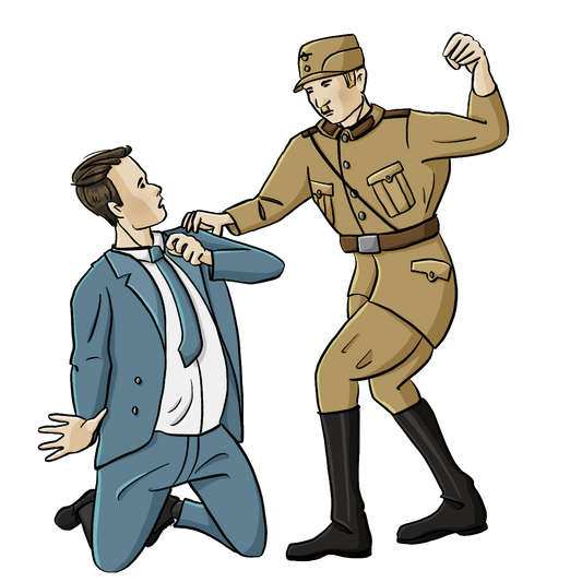 Ein Mann kniet auf dem Boden. Ein anderer Mann in brauner Uniform hält ihn an der Schulter fest. Er hat die Faust erhoben.