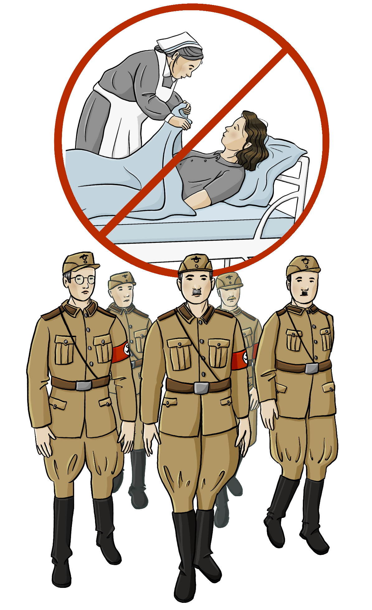 Eine Gruppe Männer in der Uniform der Nationalsozialisten. Darüber ist ein Bild von einer Frau in einem Pflegebett. Das Bild ist durchgestrichen. 