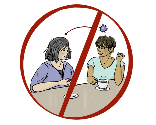 Zwei Frauen trinken Kaffee. Über der einen Frau ist ein Coronavirus. Ein Pfeil zeigt von dem Virus auf die andere Frau. Das Bild ist durchgestrichen. 