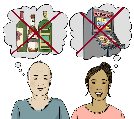 Ein Männergesicht und ein Frauengesicht. Beide schauen glücklich. Über dem Mann ist eine Denkblase mit durchgestrichenen Flaschen. Über der Frau ist eine Denkblase mit einem Durchgestrichenen Spielautomaten.