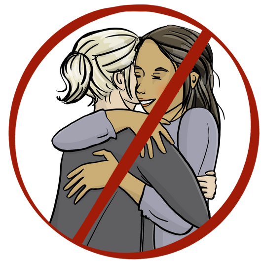 Eine Frau umarmt eine andere Frau. Das Bild ist durchgestrichen.