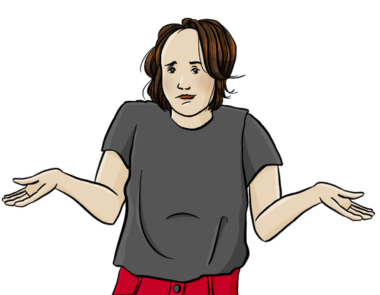 Eine Frau schaut fragend. Sie hält die Arme seitlich vom Körper, die Handflächen zeigen nach oben.