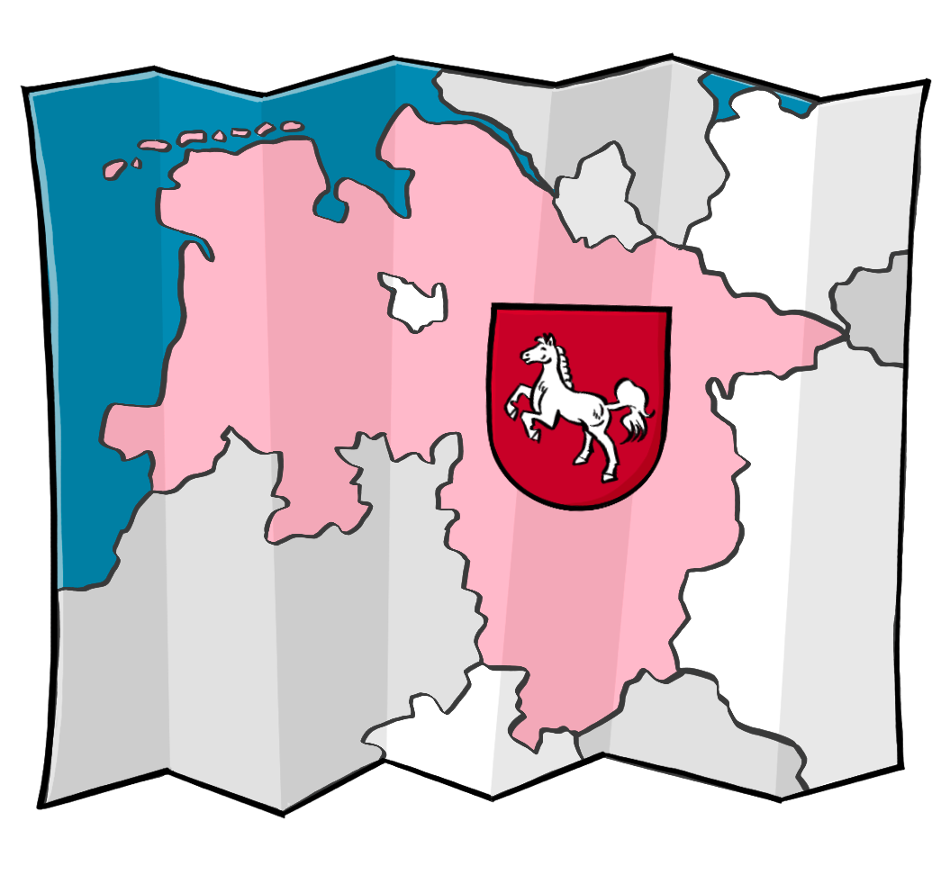 Eine Deutschlandkarte mit dem Wappen von Niedersachsen: Ein weißes Pferd auf rotem Grund. 
