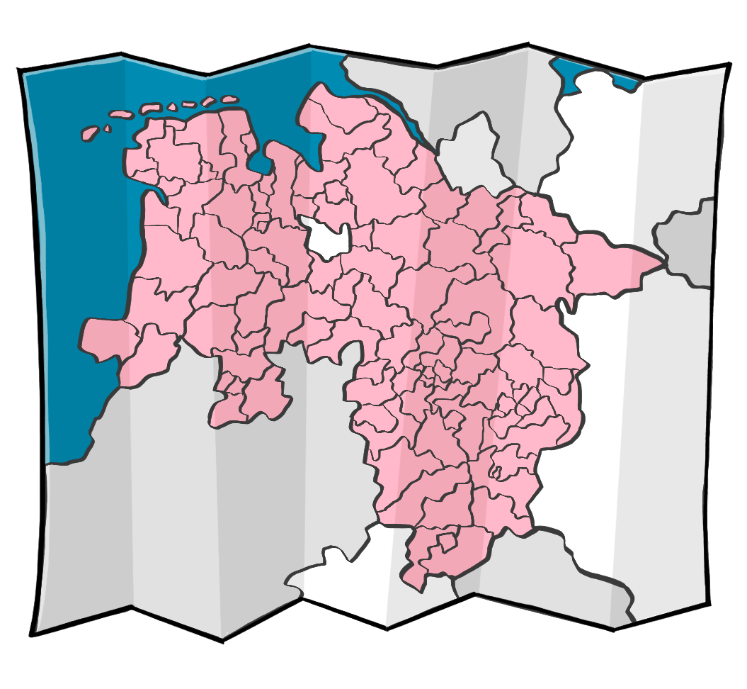 Eine Karte von Niedersachsen. Die Grenzen der Wahlkreise sind eingezeichnet. 