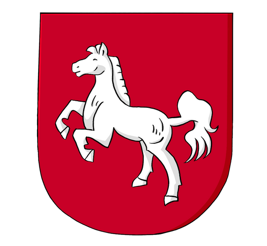 Ein rotes Wappen mit einem weißen Pferd.
