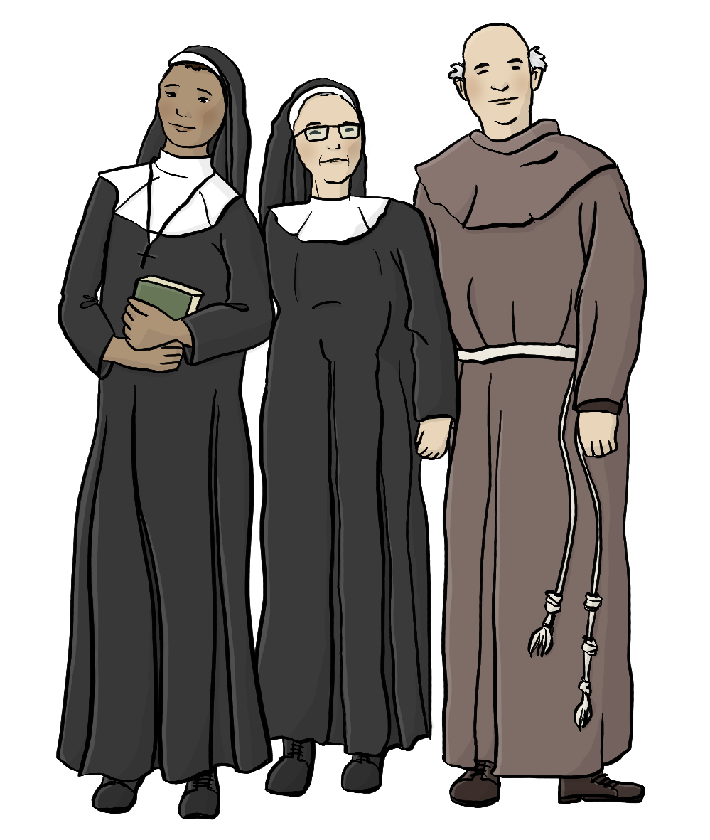 Zwei Frauen in Nonnen-Tracht und ein Mann in einer braunen Kutte. 