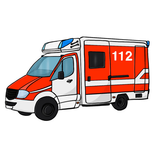 Ein weiß und orangefarbener Transporter mit Blaulicht und der Aufschrift 112.