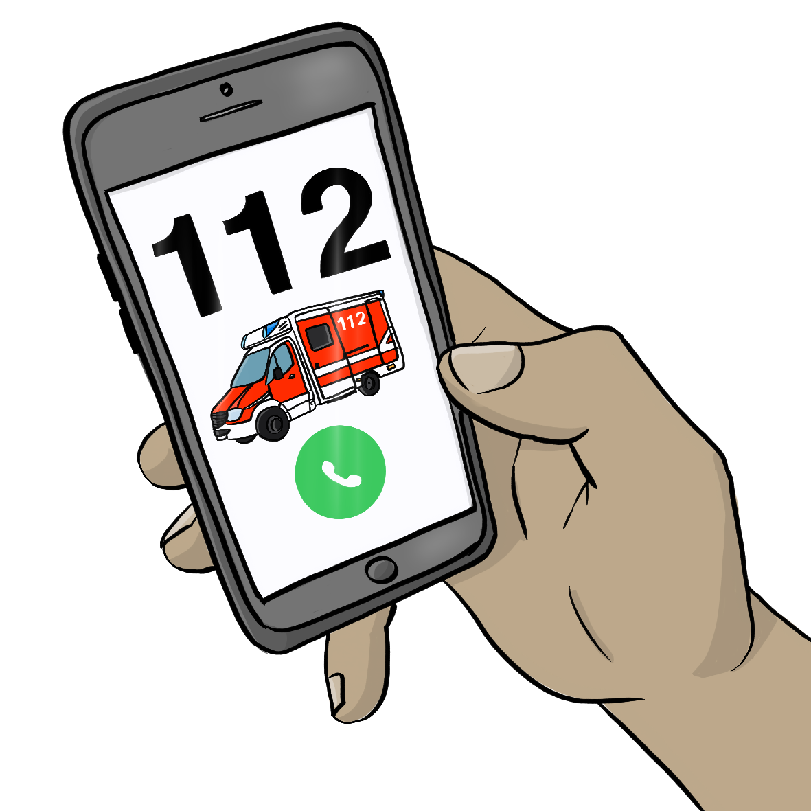 Eine Hand hält ein Smartphone. Auf dem Bildschirm ist die Nummer 112, ein Krankenwagen und ein grüner Kreis mit einem Telefon-Hörer-Symbol.