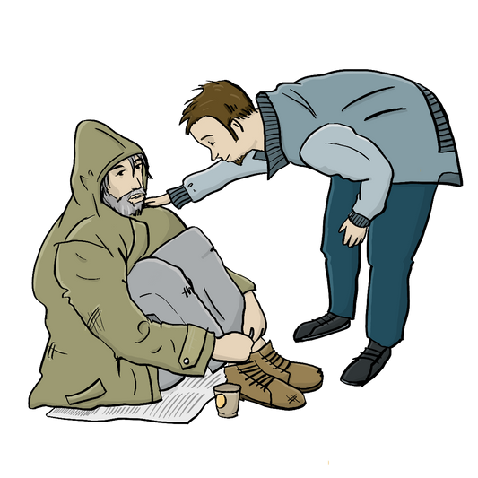 Ein Mann in einem löchrigen Parka sitzt auf einer Zeitung. Ein anderer Mann beugt sich zu ihm hinunter und legt ihm die Hand auf die Schulter.