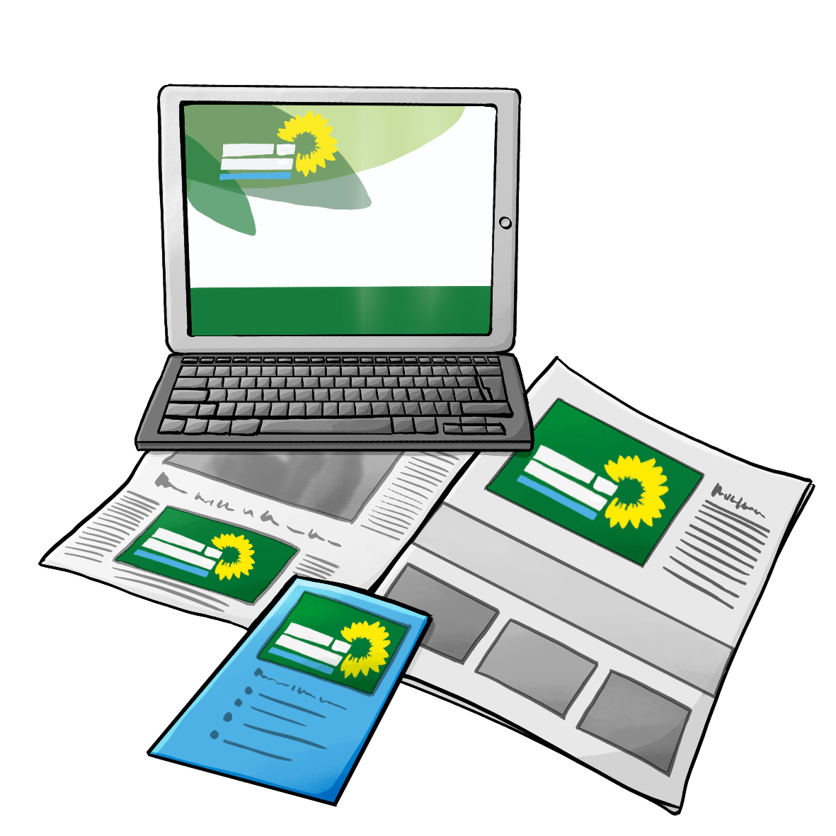 Ein Laptop steht auf einer Zeitung, darauf liegt ein Flyer. Auf dem Laptop, der Zeitung und dem Flyer ist das gleiche Logo zu sehen: ein grünes Rechteck mit einer gelben Sonnenblume. 