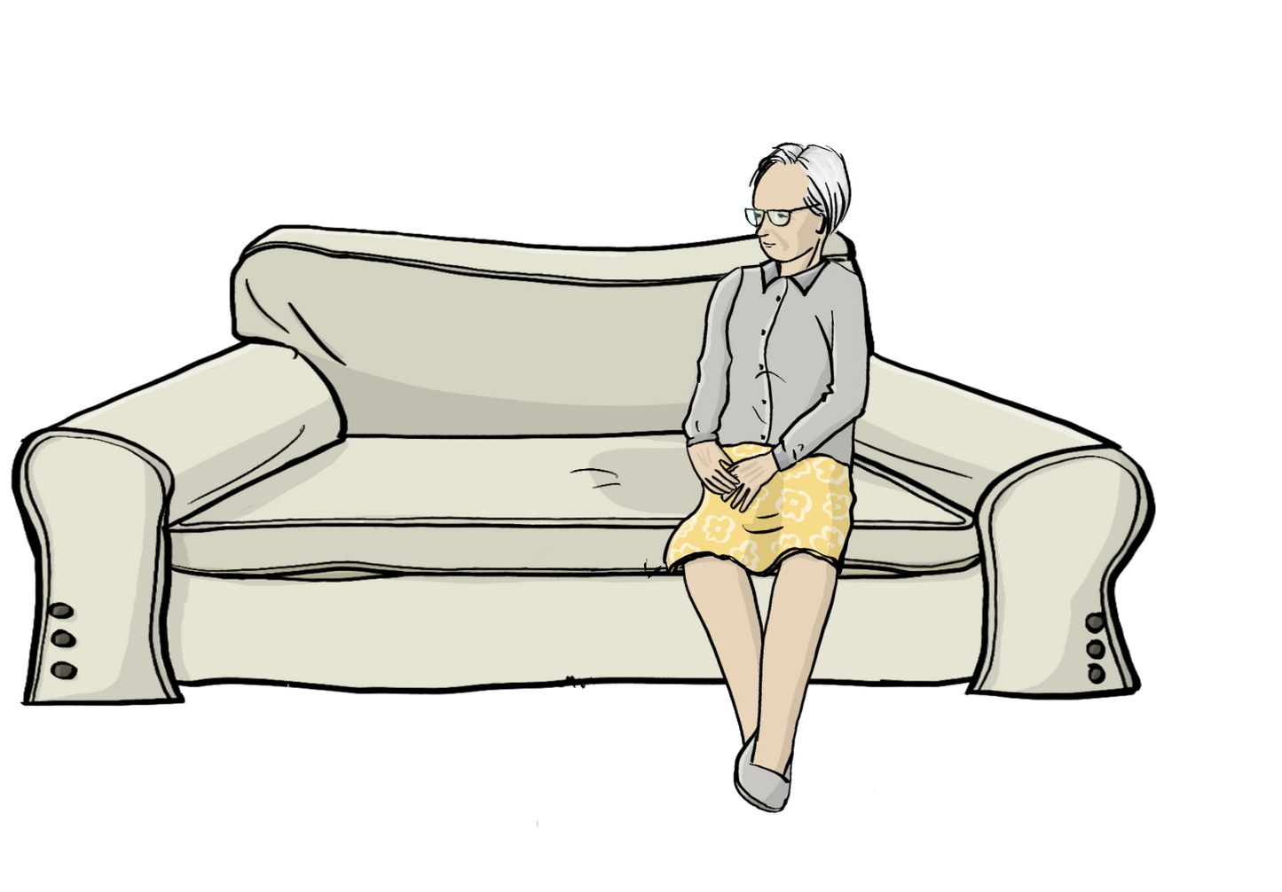 Eine alte Frau sitzt auf einem Sofa.