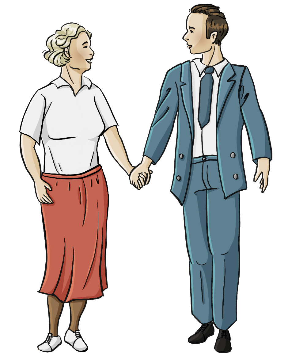 Ein Mann und eine Frau in Kleidung der 30er Jahre halten Händchen.
