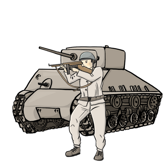 Ein Soldat steht vor einem Panzer. Er schießt mit einem Gewehr.