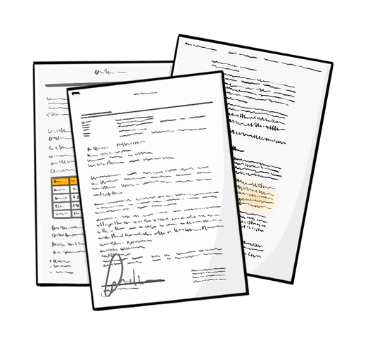 Drei beschriebene Blätter Papier liegen übereinander.