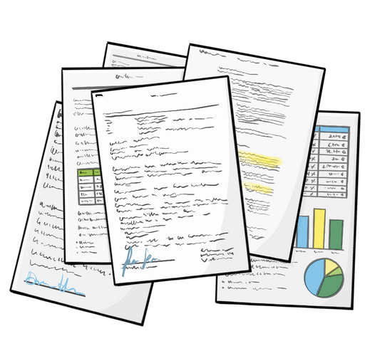 Ein Stapel Blätter, beschriftet mit Text und Grafiken und Tabellen.