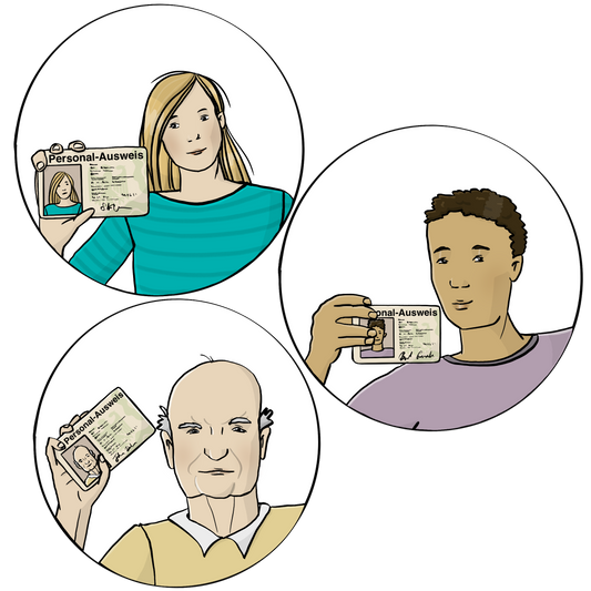 3 verschiedene Personen zeigen ihren Personalausweis. Eine junge Frau, ein junger Mann und ein älterer Mann. 