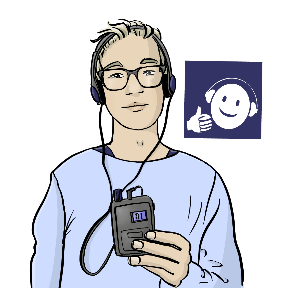 Ein Mann trägt Kopfhörer und hält ein Empfängergerät in der Hand. Neben ihm ist ein Zeichen: Ein blaues Quadrat mit einem weißen, lachenden Gesicht mit Kopfhörern und ein nach oben zeigender Daumen. 