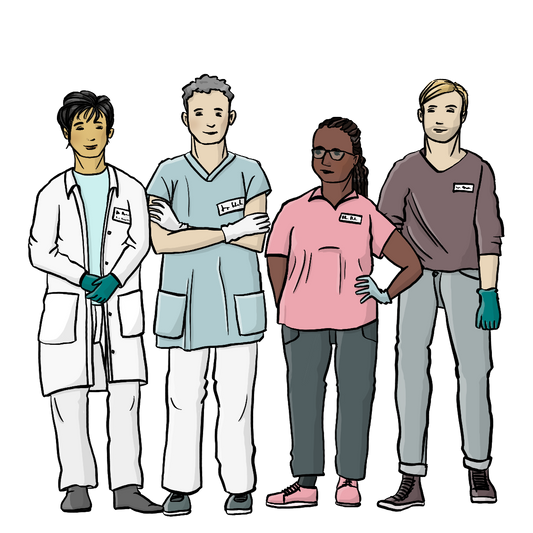 Eine Ärztin, ein Krankenpfleger, eine Arzthelferin und ein junger Mann stehen nebeneinander. Alle tragen Namensschildchen und Handschuhe.