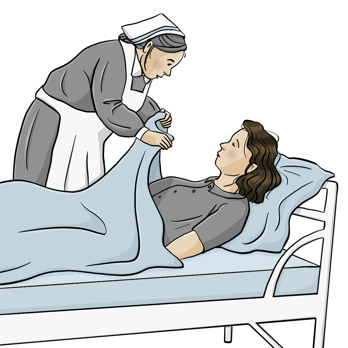Eine Frau liegt in einem Pflegebett. Sie wird von einer Pflegerin zugedeckt. 