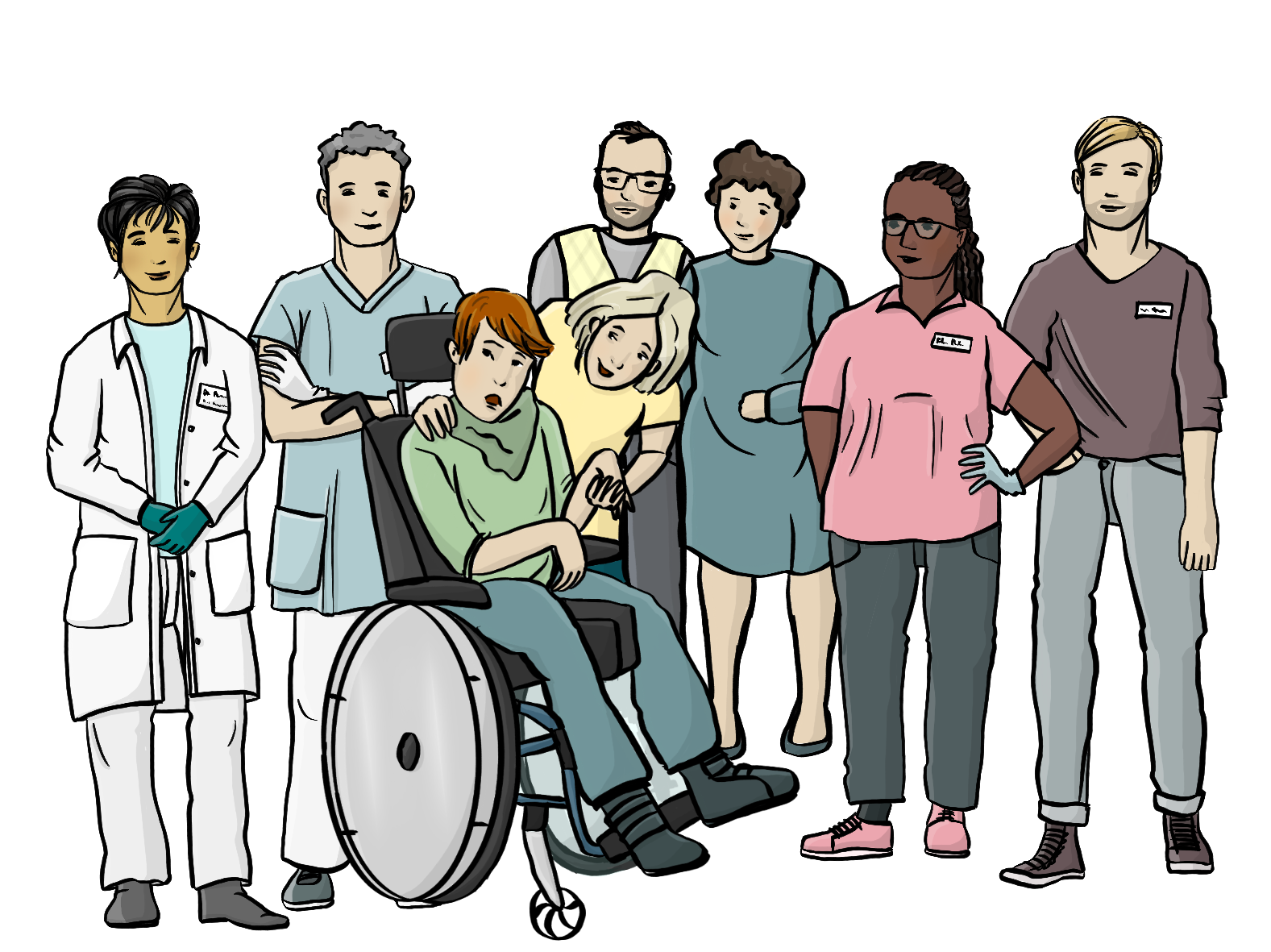 Eine Ärztin, ein Krankenpfleger, eine Arzthelferin und ein junger Mann und ein älteres Paar stehen um eine Person im Rollstuhl herum. Eine Frau in Alltagskleidung beugt sich zu der Person hinunter.