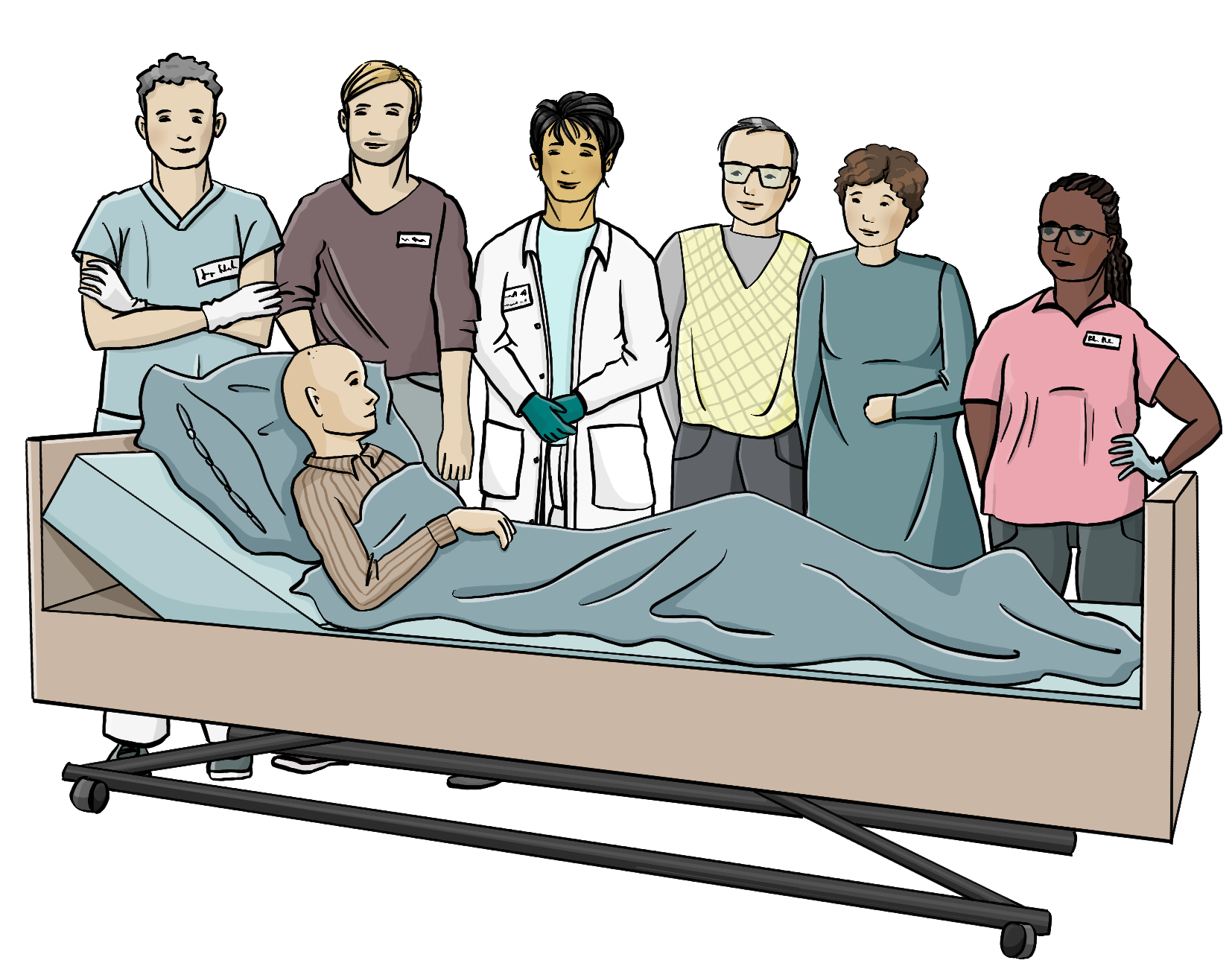 Ein älterer Mann liegt in einem Pflegebett. Um das Bett herum stehen eine Ärztin, ein Krankenpfleger, eine Arzthelferin und ein junger Mann und ein älteres Paar.
