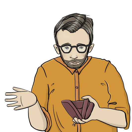 Ein Mann schaut in sein leeres Portemonnaie. Die rechte Hand zeigt mit der Handfläche nach oben.