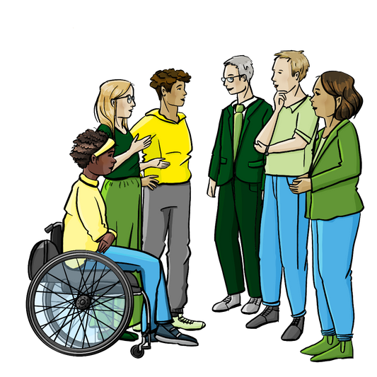 Zwei Gruppen von Menschen stehen sich gegenüber. Die eine Gruppe trägt Alltagskleidung, die andere Gruppe trägt förmliche Kleidung.