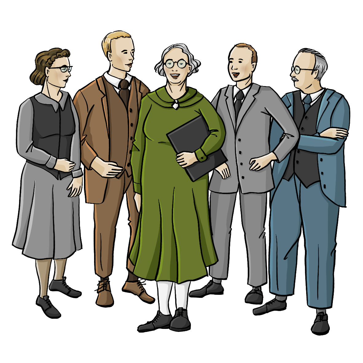 Eine Frau mit einem Klemmbrett unter dem Arm. Um sie herum stehen andere Frauen und Männer. Alle tragen Anzüge und Kleider im Stil der 50er Jahre.