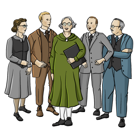 Eine Frau mit einem Klemmbrett unter dem Arm. Um sie herum stehen andere Frauen und Männer. Alle tragen Anzüge und Kleider im Stil der 50er Jahre.