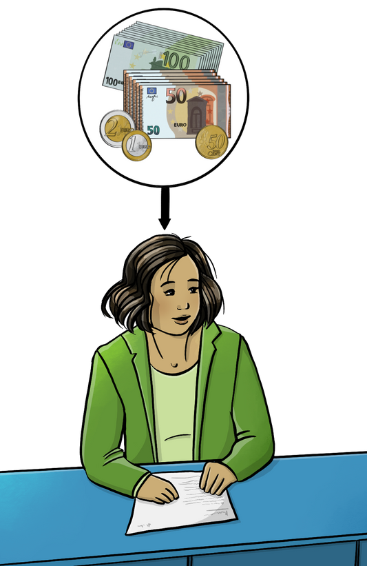 Eine Frau im Blazer. Über der Frau ist ein Kreis mit Geld. Von dem Geld zeigt ein Pfeil auf die Frau.