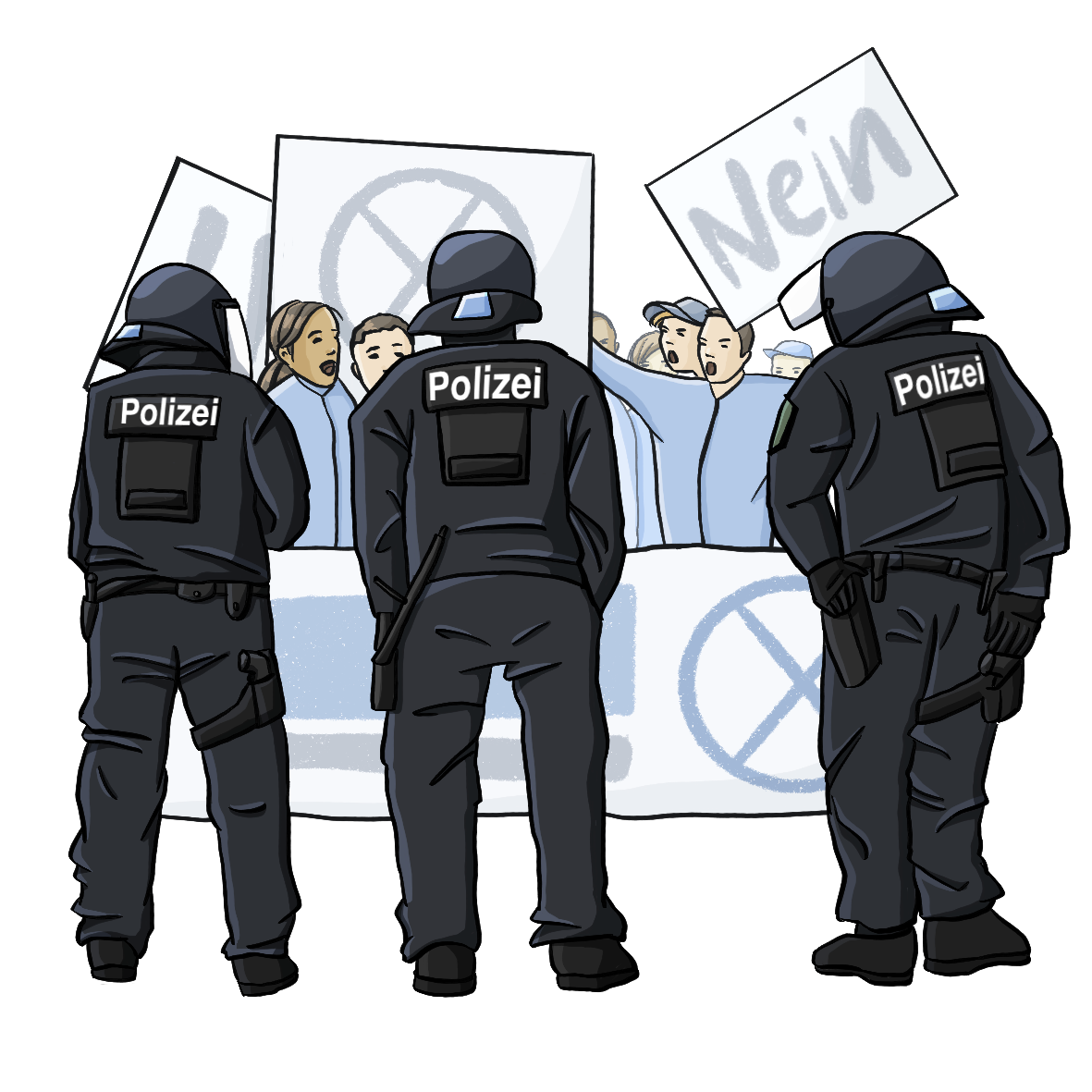 Drei Polizisten in Montur und Helm stehen. Sie sind von hinten dargestellt. Vor den Polizisten steht eine Menschenmenge mit Schildern. 