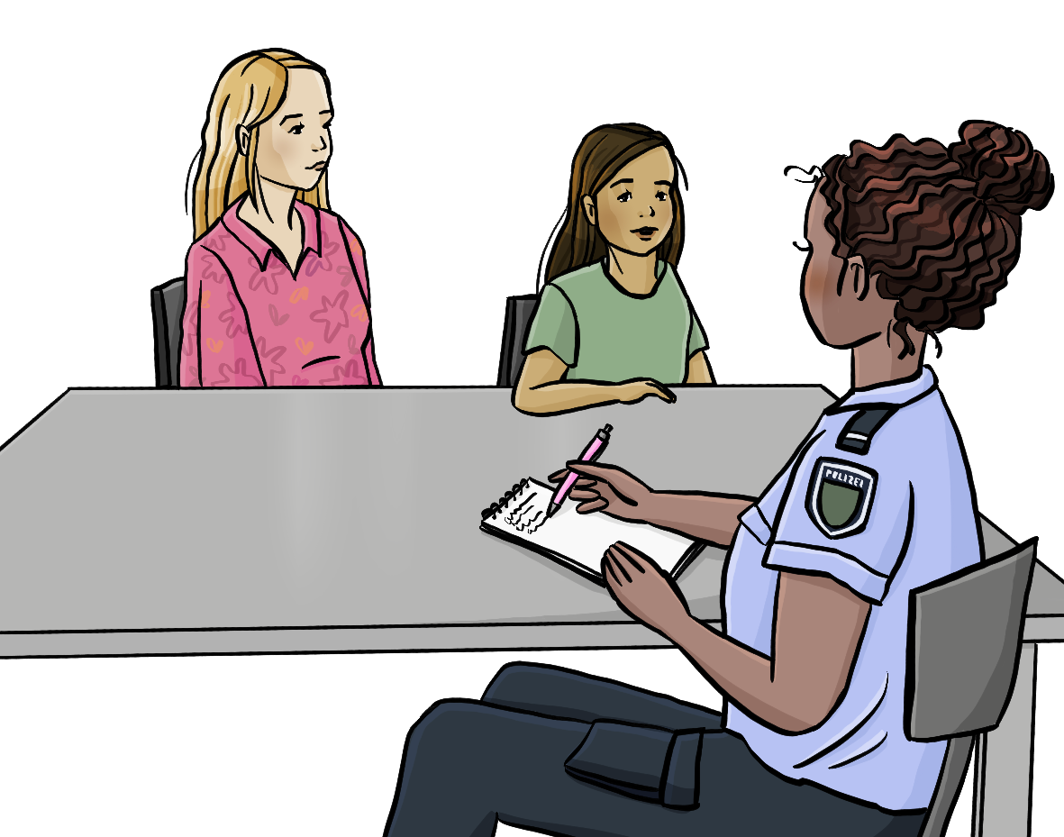 Eine Frau und ein Mädchen sitzen an einem Tisch. Gegenüber sitzt eine Polizistin und schreibt etwas auf. 