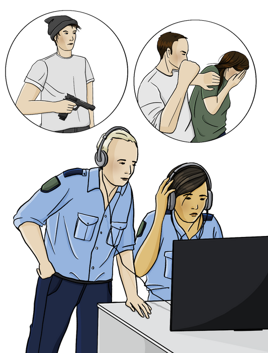 Eine Polizistin sitzt mit Kopfhörern am Computer. Neben ihr steht ein weiterer Polizist mit Kopfhörern. Über dem Bild sind zwei Kreise. In dem einen Bild Ist ein Mann mit einer Waffe. In dem andern Bild hält ein Mann mit erhobener Faust eine Frau fest.