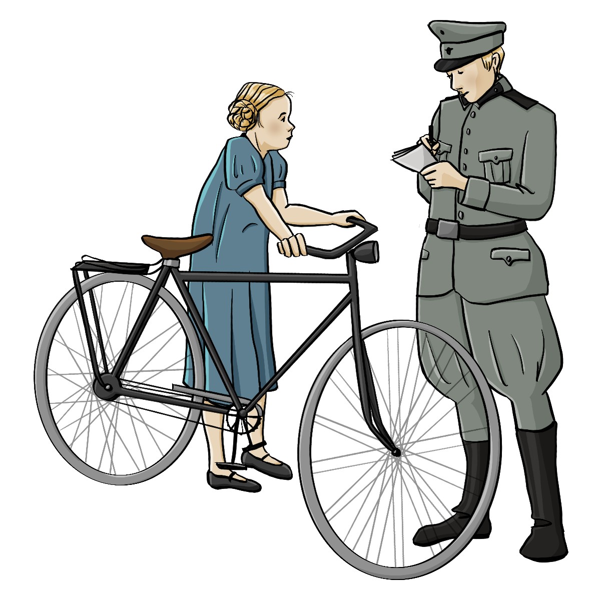 Ein Polizist in Uniform aus der der NS-Zeit schreibt auf einen Notizblock. Neben ihm steht ein Mädchen mit einem Fahrrad. 