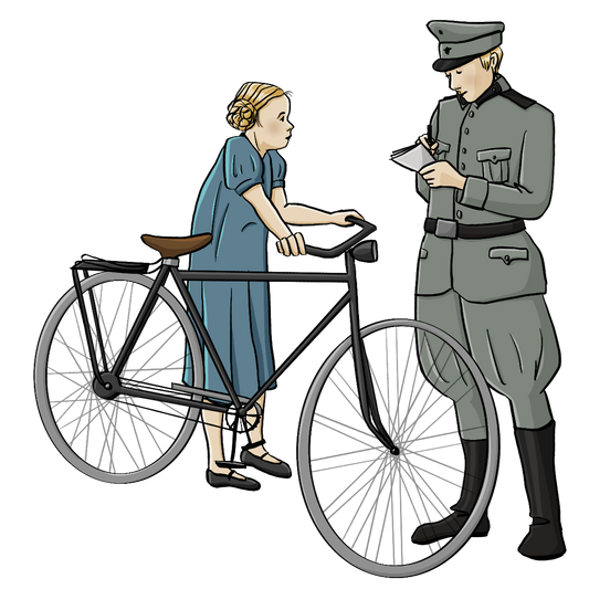 Ein Polizist in Uniform aus der der NS-Zeit schreibt auf einen Notizblock. Neben ihm steht ein Mädchen mit einem Fahrrad. 