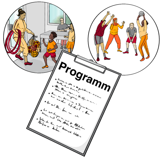Ein Klemmbrett mit einem Zettel mit der Aufschrift: Programm. Über dem Klemmbrett sind zwei Kreise. In einem Kreis kommt eine Frau mit Reifen und Bällen in der Hand in einen Raum. Zwei Kinder laufen auf sie zu. Im zweiten Kreis spielen Menschen mit verschiedenen Hautfarben zusammen Volleyball.