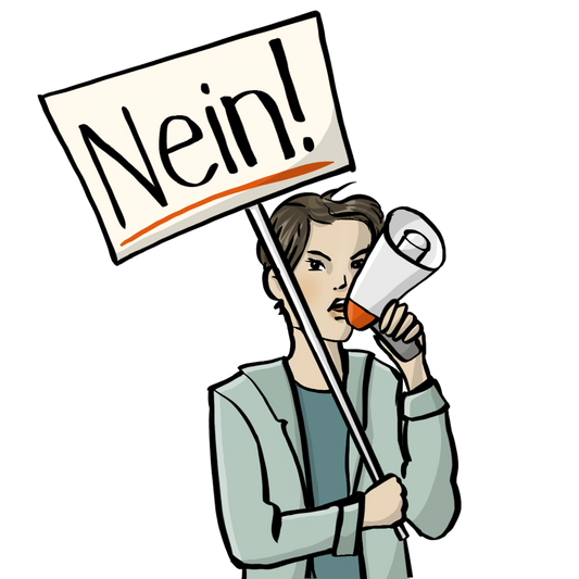 Ein Mann spricht in ein Megafon. Er schaut wütend. Er hält ein Schild mit der Aufschrift: Nein!
