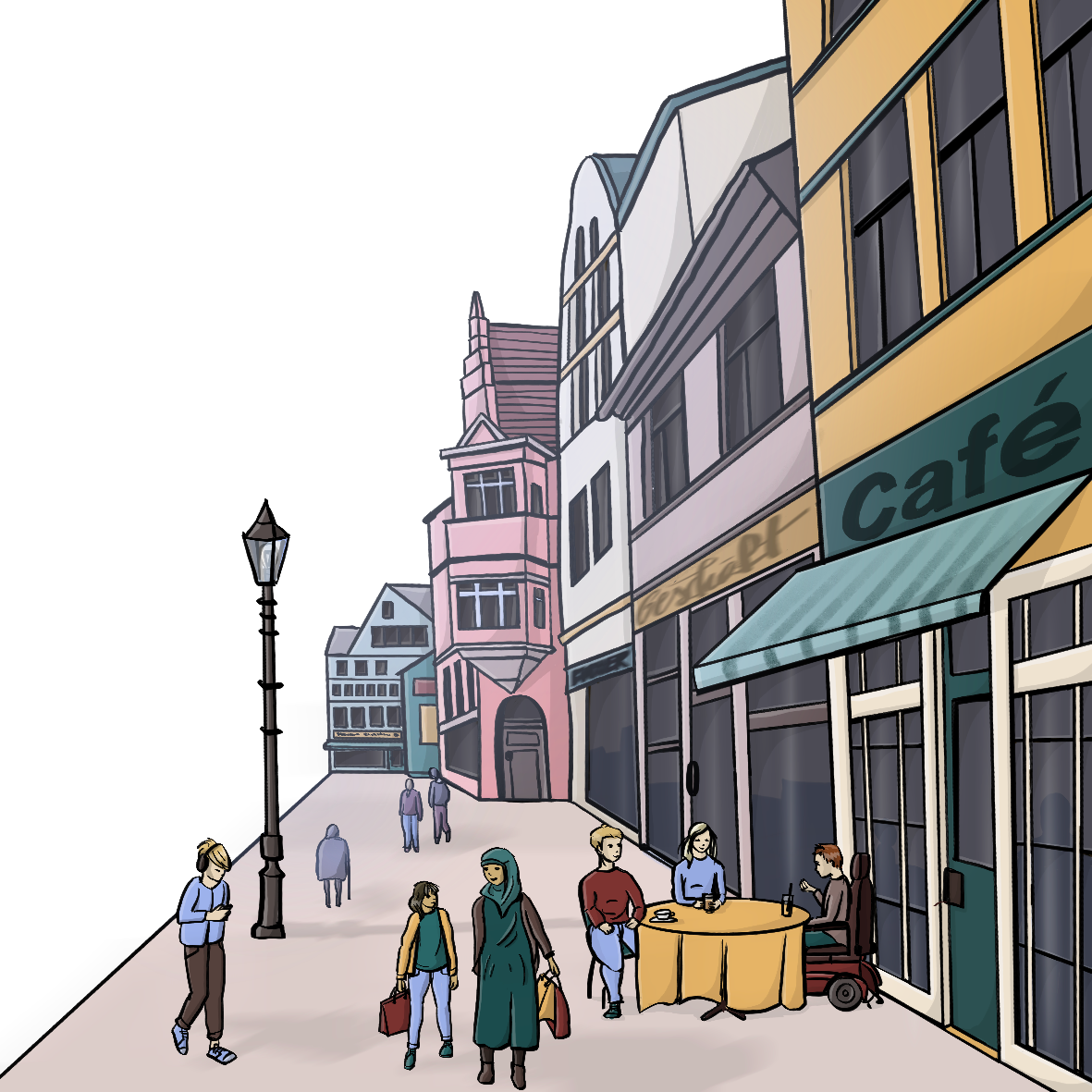 Eine Fußgängerzone mit Menschen, Läden und einem Cafe.