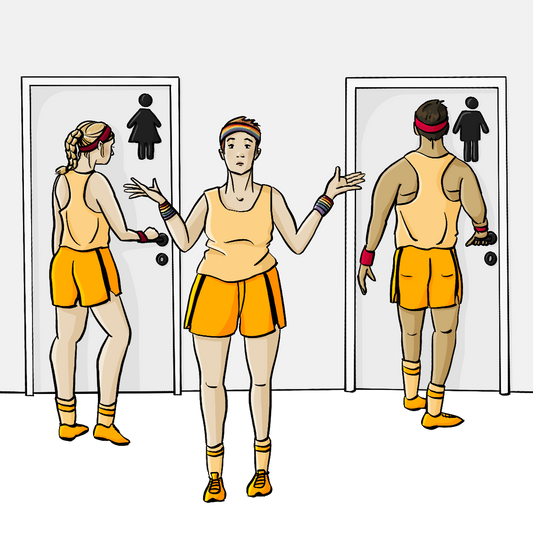 Eine Frau in Sportkleidung öffnet eine Tür zu einer Damentoilette. Ein Mann in Sportkleidung öffnet die Tür zu einer Herrentoilette. Zwischen den Türen steht eine Person mit kurzen Haaren und Sportkleidung. Sie trägt Schweißbänder mit Regenbogenmuster. Die Person schaut fragend und hält die Hände mit den Handflächen nach oben.