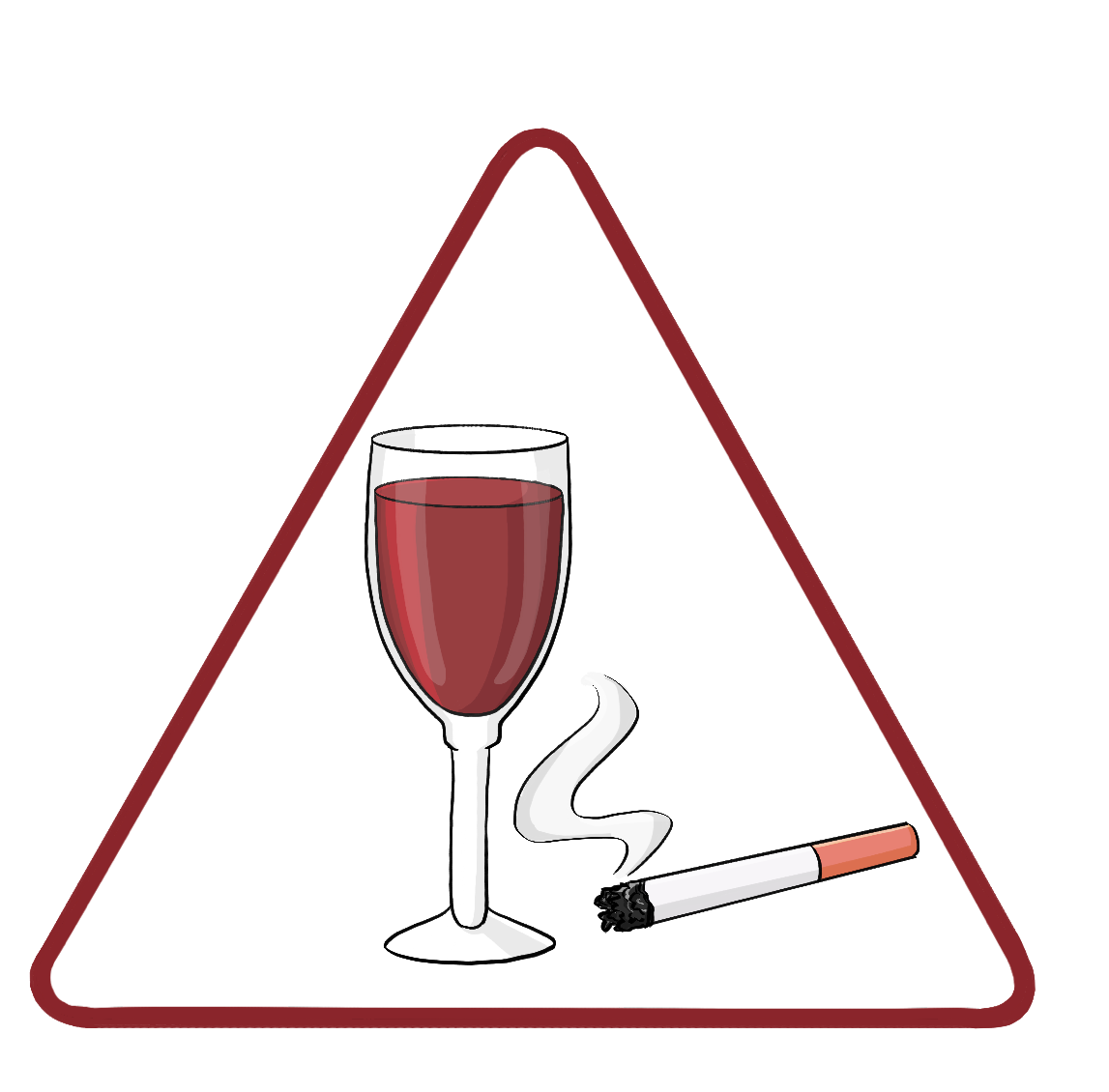 Ein Glas Wein und eine brennende Zigarette in einem roten Dreieck.