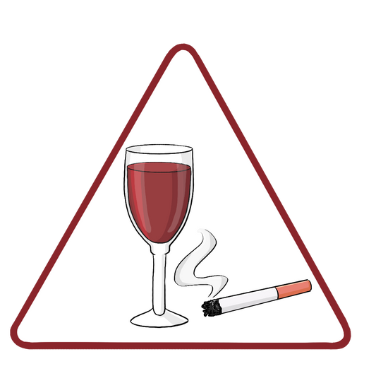 Ein Glas Wein und eine brennende Zigarette in einem roten Dreieck.