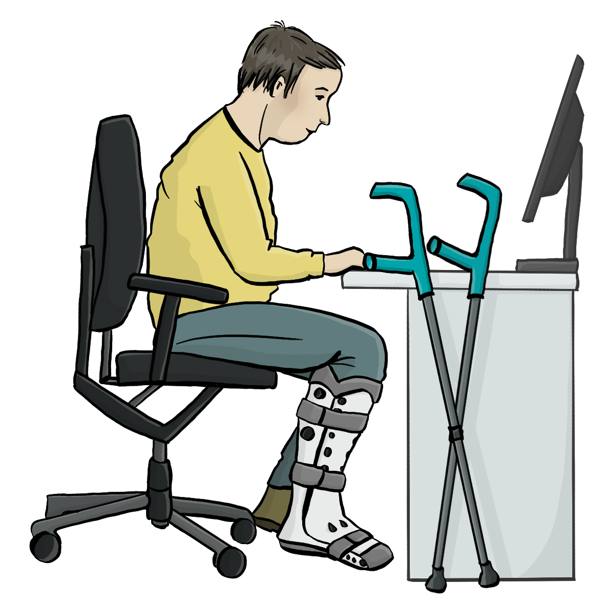 Ein Mann mit einer Beinschiene sitzt am Schreibtisch vor einem Computer. Zwei Krücken sind an den Schreibtisch gelehnt.