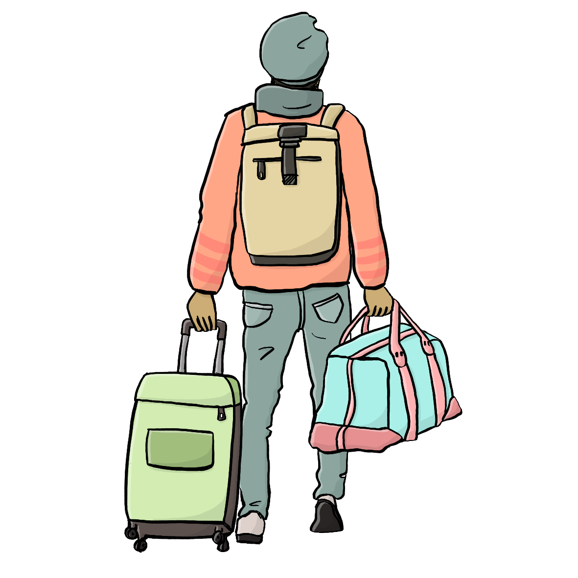 Ein Mann von hinten. Er trägt einen Rucksack und eine Reisetasche und zieht einen Koffer.