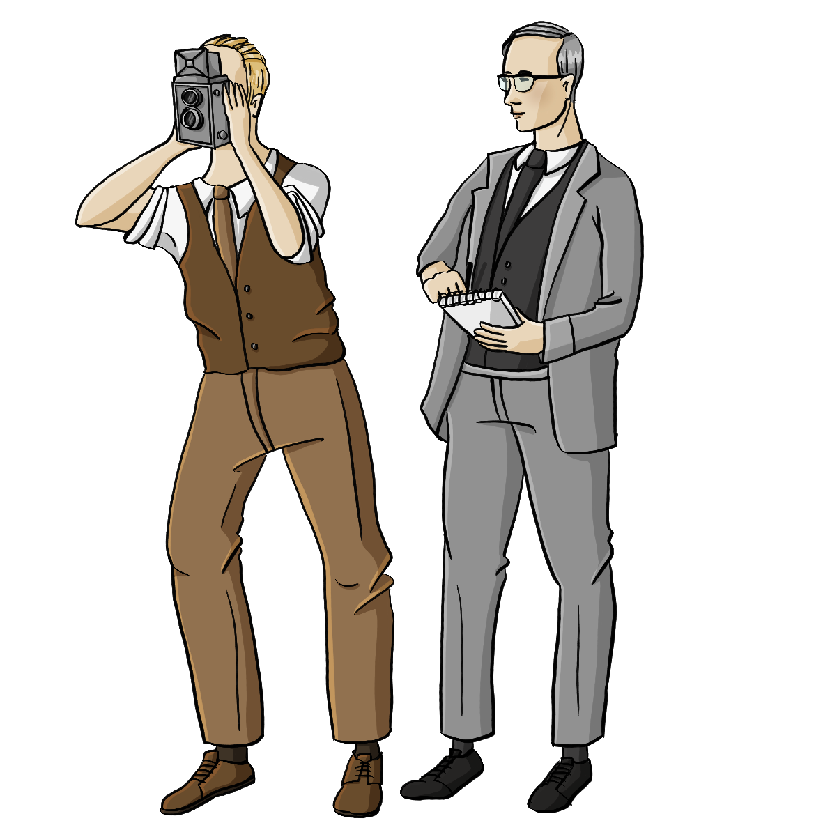 Zwei Männer in Kleidung der 30er Jahre. Der eine hält eine Fotokamera vor sein Gesicht. Der andere schreibt etwas auf einen Block.
