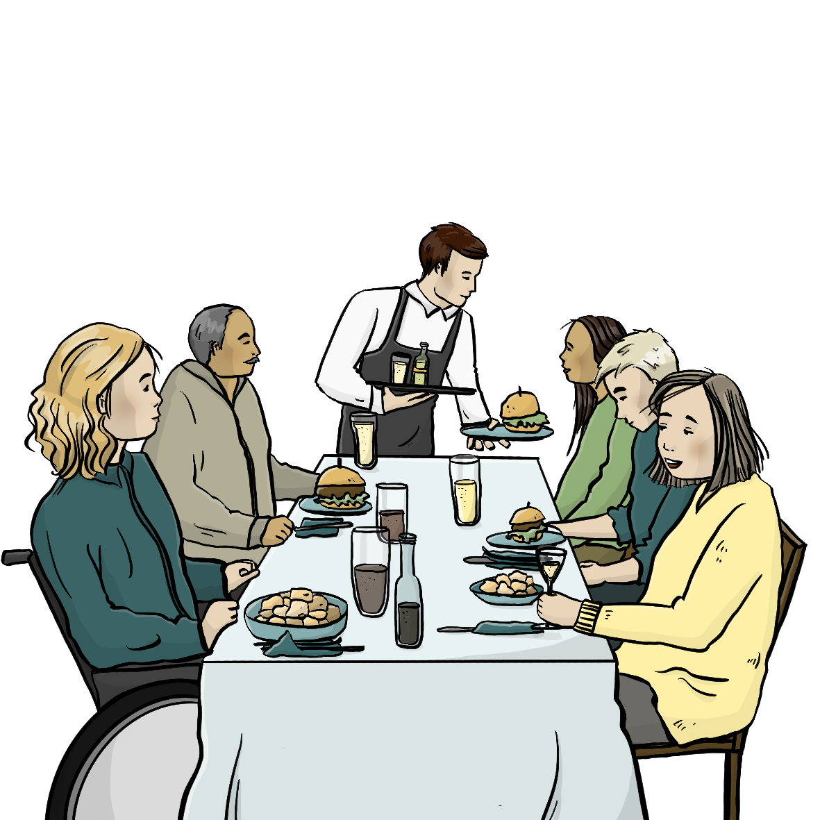 Menschen sitzen an einem Tisch, vor ihnen stehen Teller mit Essen und Getränke. Ein Kellner bringt Essen.