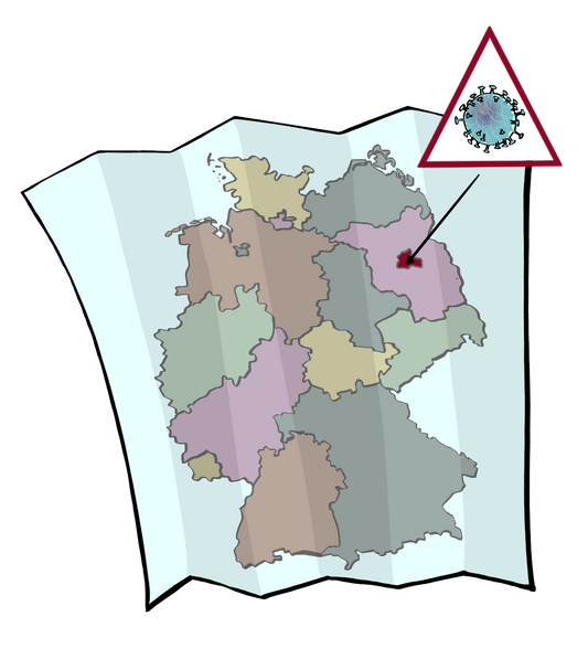Eine Karte von Deutschland. Neben der Karte ist ein rotes Dreieck mit einem Coronavirus. Von dem Virus zeigt ein Pfeil auf ein rot eingefärbtes Bundesland. 