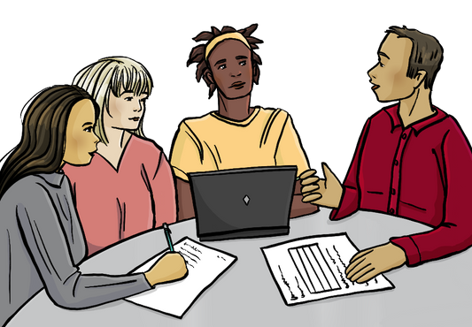 Menschen mit verschiedenen Hautfarben sitzen um einen Tisch und gestikulieren. Auf dem Tisch sind Papiere und ein Laptop.