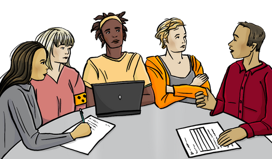 Junge Menschen mit verschiedenen Hautfarben sitzen um eine runden Tisch. Eine Frau ist blind. Auf dem Tisch sind ein Laptop und Papiere.